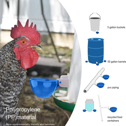Professional Chicken Waterer Cups, 8 Packs Blue Large Chicken Water Feeder, Tee Fittings Poultry Waterer Suitable for Duck, Chicks, Goose, Turkey, Bunny and Bird with Mounting Hole Opener.
