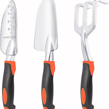 Garden Tools Set, 3 Pack Heavy Duty Gardening Tools Set Include Garden Shovel, Transplant Trowel and Hand Rake with Ergonomic Handle, Aluminum Alloy Lawn for Planting, Orange.