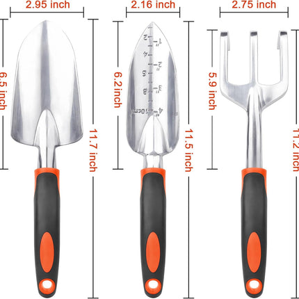 Garden Tools Set, 3 Pack Heavy Duty Gardening Tools Set Include Garden Shovel, Transplant Trowel and Hand Rake with Ergonomic Handle, Aluminum Alloy Lawn for Planting, Orange.