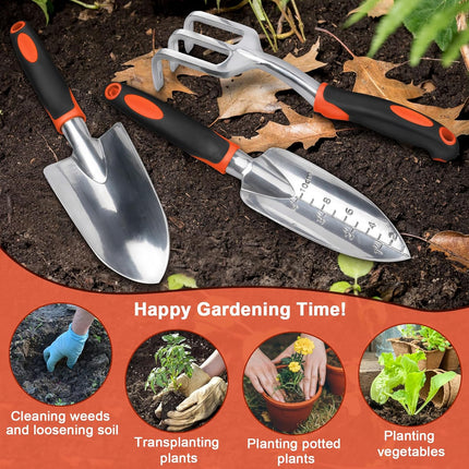 Garden Tools Set, 3 Pack Heavy Duty Gardening Tools Set Include Garden Shovel, Transplant Trowel and Hand Rake with Ergonomic Handle, Aluminum Alloy Lawn for Planting, Orange.