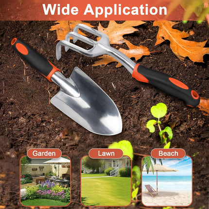 Garden Tool Set, 2 Pack Heavy Duty Gardening Tools Set Include Garden Shovel and Hand Rake Claw Tool with Ergonomic Handle, Small Gardening Hand Tools for Digging Weeding Planting Transplanting.