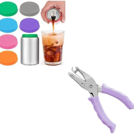 6 Pack Silicone Soda Can Cover Lids, Reusable Soda Can Lids + Single Hole Punch 1/4” Hole Puncher for Crafts Purple.