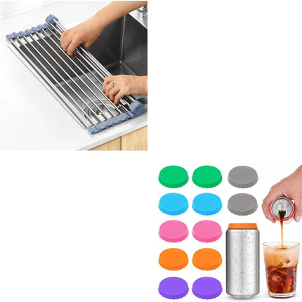 Over The Sink Dish Drying Rack, Roll Up Dish Drying Rack Kitchen Dish Rack + Silicone Soda Can Cover Lids, Reusable Soda Can Lids Beer Can.