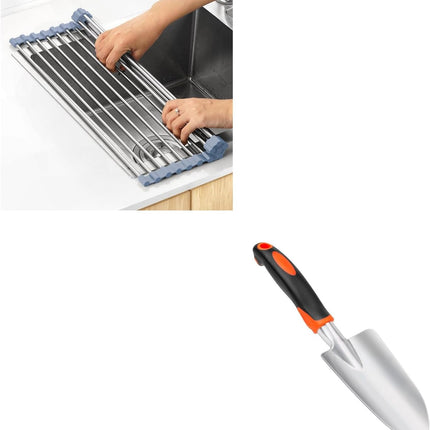 Garden Shovel Garden Hand Trowel, Heavy Duty Hand Shovel with Ergonomic Handle + Over The Sink Dish Drying Rack, Roll Up Dish Drying Rack Kitchen Dish Rack.