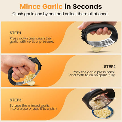 Garlic Press Rocker Set with Garlic Peeler & Cleaning Brush,Stainless Steel Garlic Mincer Crusher,Easy Kitchen Gadget for Effortless Smashing,Kitchen Essentials,Home and Kitchen Utensils Accessories.