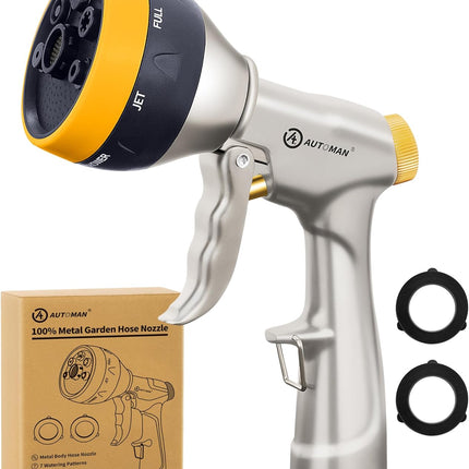 Garden Nozzle Sprayer, High Pressure Spray Nozzle, 100% Metal Water Hose Nozzle, 7 Patterns Watering Nozzle, Heavy Duty Sprayer Garden Nozzle for Watering Plants & Lawns, Washing Cars & Pets.