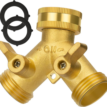 Hose Splitter 2 Way, Garden Hose Splitter, 100% Rustproof Brass Water Hose Splitter with Adjustable Flow Valves, Seamless Design & 2 Extra Rubber Washers - 3/4" Y Connector Hose Adapter..