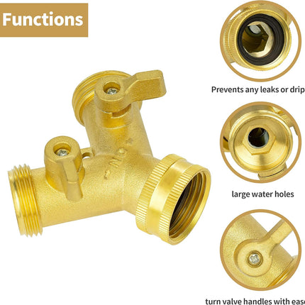 Hose Splitter 2 Way, Garden Hose Splitter, 100% Rustproof Brass Water Hose Splitter with Adjustable Flow Valves, Seamless Design & 2 Extra Rubber Washers - 3/4" Y Connector Hose Adapter..