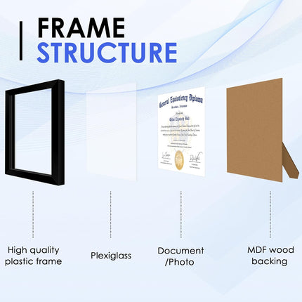 8.5x11 Diploma Frame, Black Picture Frame with Clear Plexiglass, 2 Pack Certificate Frame for Tabletop or Wall Display, 8.5x11 Document Frame, High School Diploma Frames.