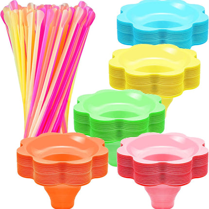 200 Pcs Colorful Snow Cone Cups with Spoon Straws,Flower Shaped Ice Cream Cup,Plastic Cone Snacks Cups for Summer Holiday,Party Trifle and Shaved Ice
