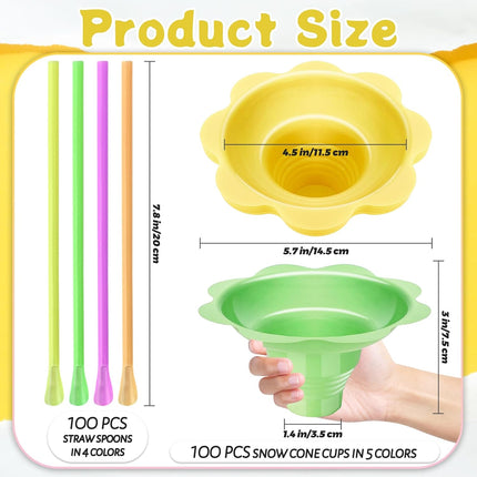 200 Pcs Colorful Snow Cone Cups with Spoon Straws,Flower Shaped Ice Cream Cup,Plastic Cone Snacks Cups for Summer Holiday,Party Trifle and Shaved Ice.