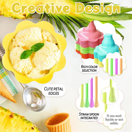 200 Pcs Colorful Snow Cone Cups with Spoon Straws,Flower Shaped Ice Cream Cup,Plastic Cone Snacks Cups for Summer Holiday,Party Trifle and Shaved Ice.