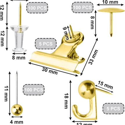 Gold Push Pin Kit 310 Pcs Decorative Thumb Tacks with Push Pin Hook Pushpin for Cork Board Bulletin Board Office Wall - 5 Style.