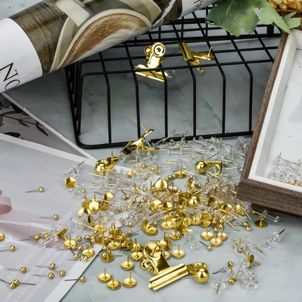 Gold Push Pin Kit 310 Pcs Decorative Thumb Tacks with Push Pin Hook Pushpin for Cork Board Bulletin Board Office Wall - 5 Style.