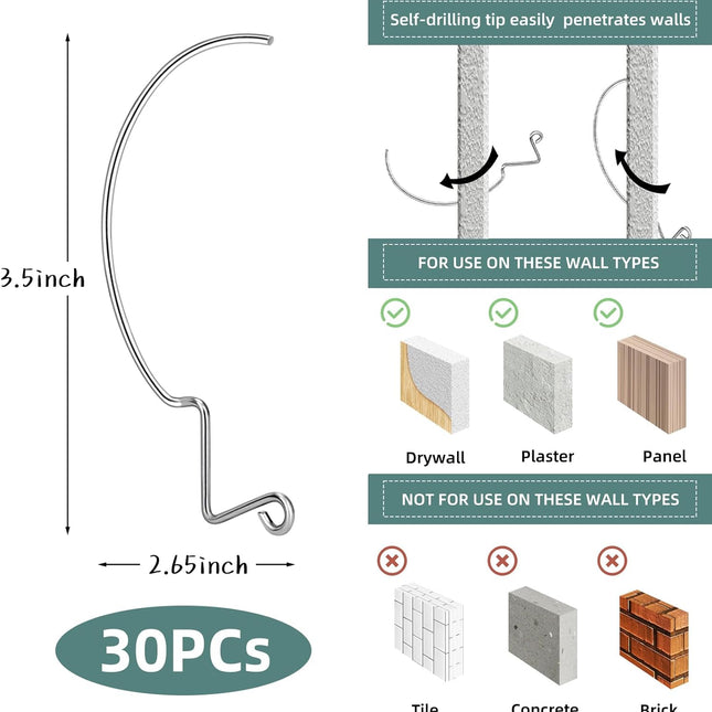 30Pcs Picture Hanger Hooks Super Hooks for Hanging Drywall Picture Hanging Hooks Heavy Duty Wall Hooks for Hanging Pictures, Photos, Frames, Planters, Art, Clock.