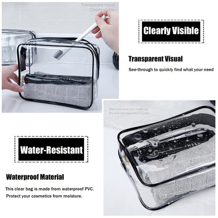MODENGKGJIAN TSA Approved Toiletry Bag, 3 Pcs Clear Toiletries Bags Quart Size Travel Makeup Cosmetic Bag for Women Men, Carry  Airport Airline Compliant Bag (Black).