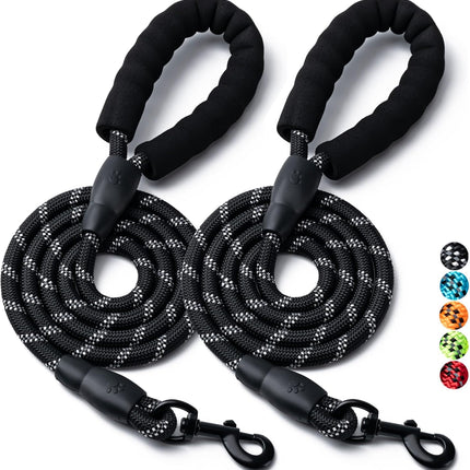 2 Pack Dog Leash, 4/5//6 FT Heavy Duty Nyl Rope Pet Leashes with Comfortable Padded Handle, Reflective Dog Leashes for Small Medium and Large Dogs (5FT-1/2,Black/Black).