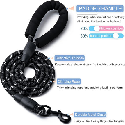 2 Pack Dog Leash, 4/5//6 FT Heavy Duty Nyl Rope Pet Leashes with Comfortable Padded Handle, Reflective Dog Leashes for Small Medium and Large Dogs (5FT-1/2,Black/Black).