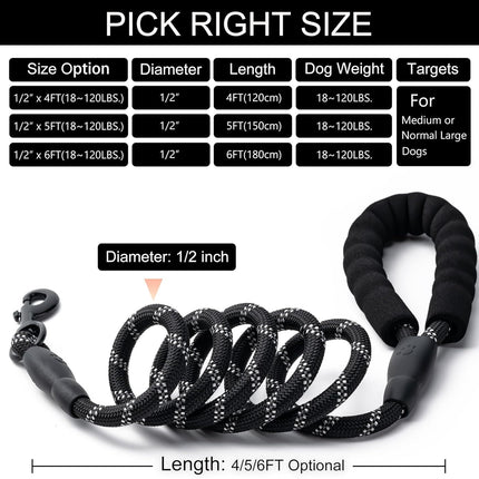 2 Pack Dog Leash, 4/5//6 FT Heavy Duty Nyl Rope Pet Leashes with Comfortable Padded Handle, Reflective Dog Leashes for Small Medium and Large Dogs (5FT-1/2,Black/Black).