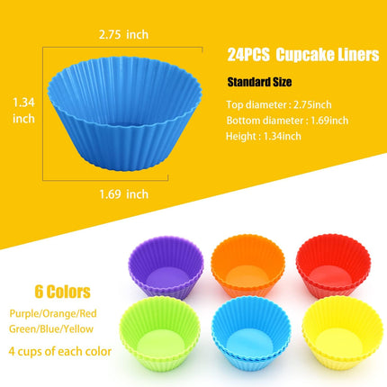 Silice Cupcake Baking Cups 24 Pack, Reusable & N-stick Muffin Cupcake Liners Holders Set for Party Halloween Christmas, Easy Clean Pastry Muffin Molds（Pack of 24,Multicolor）.