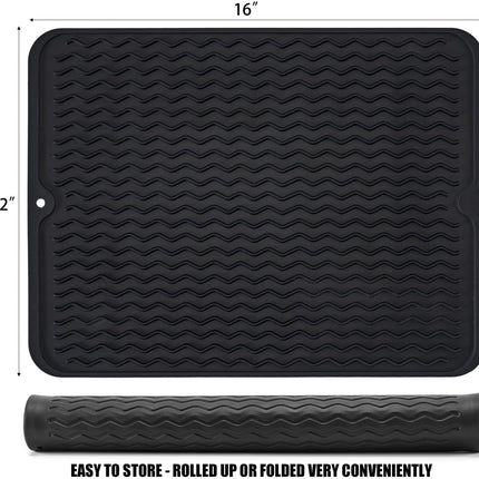 Silice Dish Drying Mat, N-Slip Easy Clean Sink Mat Large Heat-resistant Dish Drainer Mat for Kitchen Counter, Sink, Refrigerator or Drawer liner (16" x 12", BLACK).