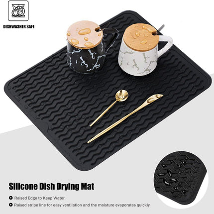 Silice Dish Drying Mat, N-Slip Easy Clean Sink Mat Large Heat-resistant Dish Drainer Mat for Kitchen Counter, Sink, Refrigerator or Drawer liner (16" x 12", BLACK).