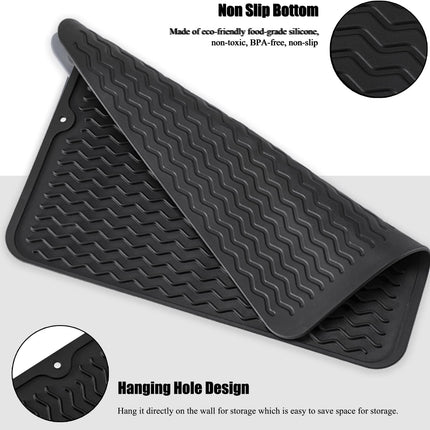 Silice Dish Drying Mat, N-Slip Easy Clean Sink Mat Large Heat-resistant Dish Drainer Mat for Kitchen Counter, Sink, Refrigerator or Drawer liner (16" x 12", BLACK).