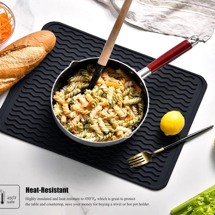 Silice Dish Drying Mat, N-Slip Easy Clean Sink Mat Large Heat-resistant Dish Drainer Mat for Kitchen Counter, Sink, Refrigerator or Drawer liner (16" x 12", BLACK).