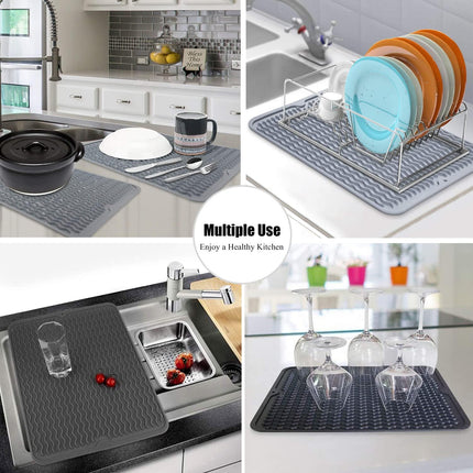 Silice Dish Drying Mat, N-Slip Easy Clean Sink Mat Large Heat-resistant Dish Drainer Mat for Kitchen Counter, Sink, Refrigerator or Drawer liner (16" x 12", BLACK).