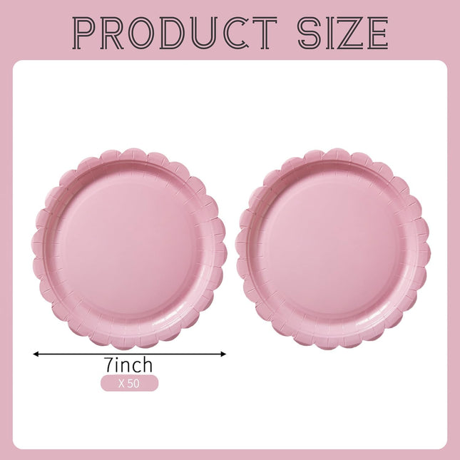 50PCS Scalloped Disposable Paper Plates Dessert Cake Party Plates for Baby Shower, Wedding,Bridal Shower Birthday Party Supplies (Pink, 7IN).