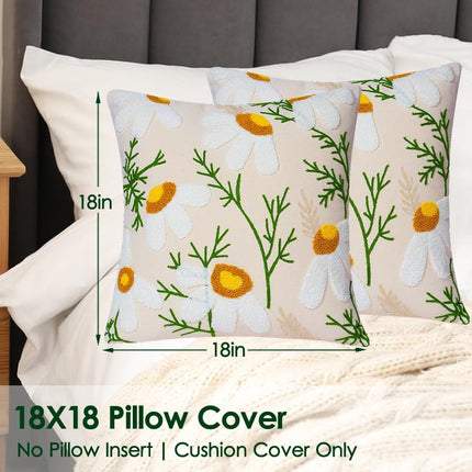 Embroidered Throw Pillow Covers, Soft Pillow Cases Couch Pillow Covers with Zipper, Decorative Cushi Covers for Sofa Living Room Couch Bed,18x18 inch (Daisy).