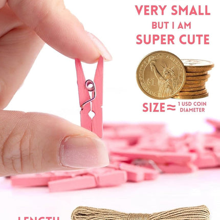 Mini Clothes Pins for Photo, Sturdy Natural Wooden Clothespins 150 Pcs 1 Inch with 33 FT Jute Twine, Small Clips for Crafts Display Baby Shower Game Hanging Decorative Pictures Weddings, Pink.