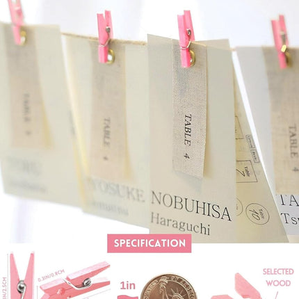 Mini Clothes Pins for Photo, Sturdy Natural Wooden Clothespins 150 Pcs 1 Inch with 33 FT Jute Twine, Small Clips for Crafts Display Baby Shower Game Hanging Decorative Pictures Weddings, Pink.