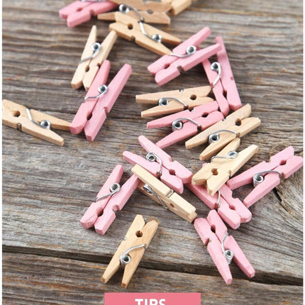 Mini Clothes Pins for Photo, Sturdy Natural Wooden Clothespins 150 Pcs 1 Inch with 33 FT Jute Twine, Small Clips for Crafts Display Baby Shower Game Hanging Decorative Pictures Weddings, Pink.