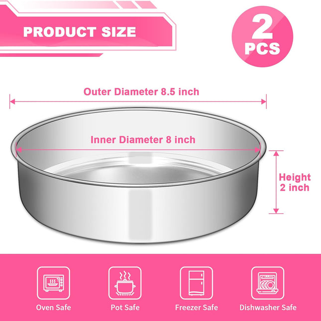 8 Inch Cake Pan Set of 2, Stainless Steel Round Layer Cake Baking Pans Tins, Non-Toxic & Healthy, Leak-proof & Easy Clean & Dishwasher Safe.