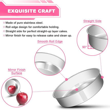 8 Inch Cake Pan Set of 2, Stainless Steel Round Layer Cake Baking Pans Tins, Non-Toxic & Healthy, Leak-proof & Easy Clean & Dishwasher Safe.