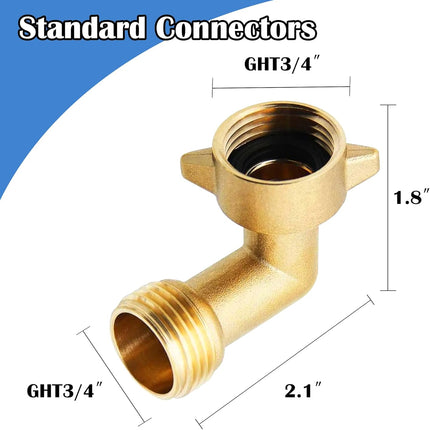 2 Pack 90 Degree Garden Hose Elbow Connectors, 3/4" Brass Hose Elbow with 2 Washers, Hose Adapter for RV Water Hookups Residential Outdoor Faucets.