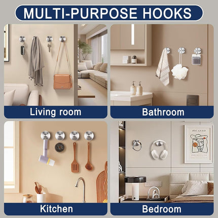 Silver Sucti Cup Hooks for Shower Waterproof - No Drill Stainless Steel Towel Hooks for Bathroom Wall, Kitchen, Glass, Mirror, Tile - Ideal for Hanging Towels, Robes, and Loofahs(4 pcs).