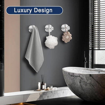 Silver Sucti Cup Hooks for Shower Waterproof - No Drill Stainless Steel Towel Hooks for Bathroom Wall, Kitchen, Glass, Mirror, Tile - Ideal for Hanging Towels, Robes, and Loofahs(4 pcs).
