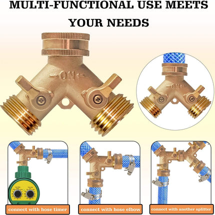 Hose Splitter, Garden Hose Splitter Heavy Duty 2 Way, Solid Brass Water Hose Y Splitter 2 Valves with 2 Extra Rubber Washers.