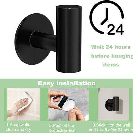 4 Pack Adhesive Towel Hooks for Bathroom, Waterproof Wall Mount Towel Holder, Matte Black Wall Robe Hook, Stainless Steel Heavy Duty Door Hanger Towel Hook for Kitchen, Bedroom, Hotel.