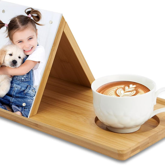 Bamboo Book Holder, Triangle Book Holder Stand with Acrylic Picture Frame, Book Rest with Cup Holder, Tablet and Kindle Stand, Book Lovers Gifts, Bookish Gifts, Bamboo Book Rest Stand.