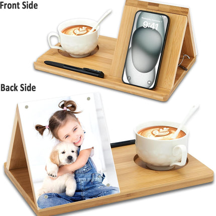 Bamboo Book Holder, Triangle Book Holder Stand with Acrylic Picture Frame, Book Rest with Cup Holder, Tablet and Kindle Stand, Book Lovers Gifts, Bookish Gifts, Bamboo Book Rest Stand.