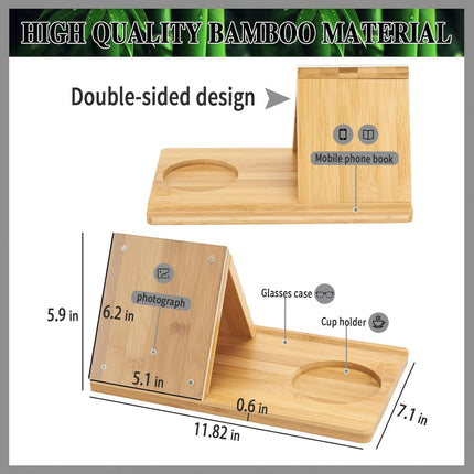 Bamboo Book Holder, Triangle Book Holder Stand with Acrylic Picture Frame, Book Rest with Cup Holder, Tablet and Kindle Stand, Book Lovers Gifts, Bookish Gifts, Bamboo Book Rest Stand.