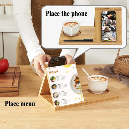 Bamboo Book Holder, Triangle Book Holder Stand with Acrylic Picture Frame, Book Rest with Cup Holder, Tablet and Kindle Stand, Book Lovers Gifts, Bookish Gifts, Bamboo Book Rest Stand.