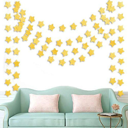 6 Pcs Gold Glitter Star Paper Garland Twinkle Bunting Banner Hanging Decorations for Christmas Birthday Party Golden Sparkling Stars Bridal Showers Wedding Baby Shower Holiday Supplies (50 Feet).
