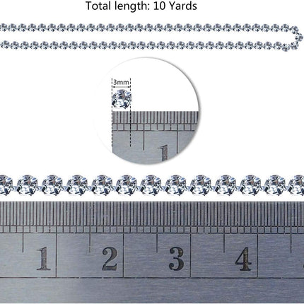 1 Roll 10 Yards 3MM Crystal Rhinestone Close Chain Trim for Sewing Craft DIY Decoration Jewelry Silver Claw Cup Diamond Trimming Clear (SS12) silver.