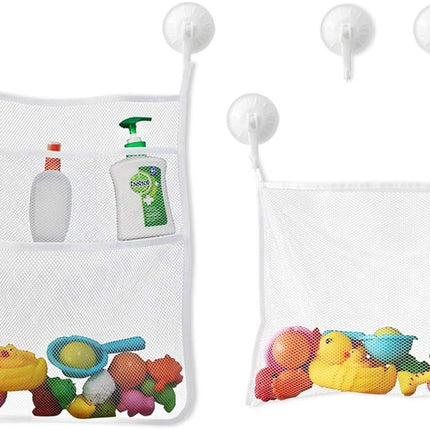 Petluno Bath Toy Organizer Mesh Storage Baby Shower Toys Bathtub Net Bag Kids Quick Dry Holder 2 X Bathroom & 6 Strong Suction Hooks (White).
