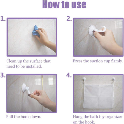 Petluno Bath Toy Organizer Mesh Storage Baby Shower Toys Bathtub Net Bag Kids Quick Dry Holder 2 X Bathroom & 6 Strong Suction Hooks (White).