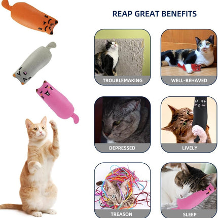 Soft Indoor Cat Toys Self Play Interactive Pillows Catnip Filled 5PCS Plush Kitten Teething Set Cute Kitty Chew Bite Resistant Cartoon Mouse Pet Supplies Gifts.